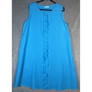 BRYN‎ WALKER Lagenlook Linen Cotton Blend Ruffle Turquoise Shift Tank Dress Sz L